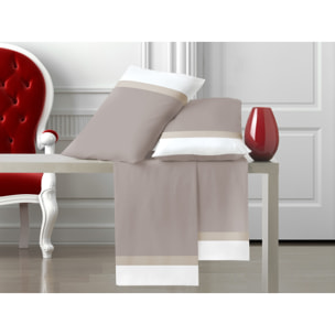 Completo letto doppia balza RASO IPERSAN Puro Cotone Bianco/Panna fondo Tortora