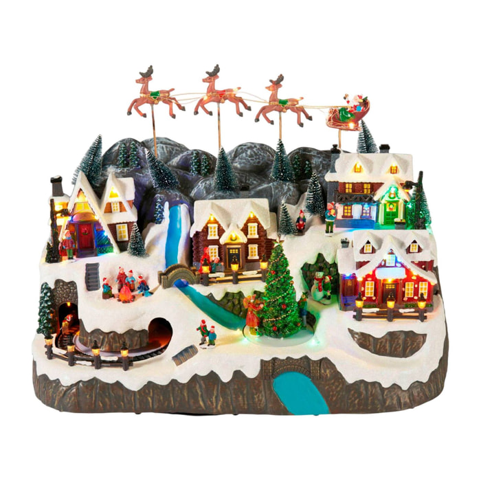 Pueblo navideño con trineo de papá noel con luces led, movimiento y música, usb o pilas 59,5x35,5x38,5 cm