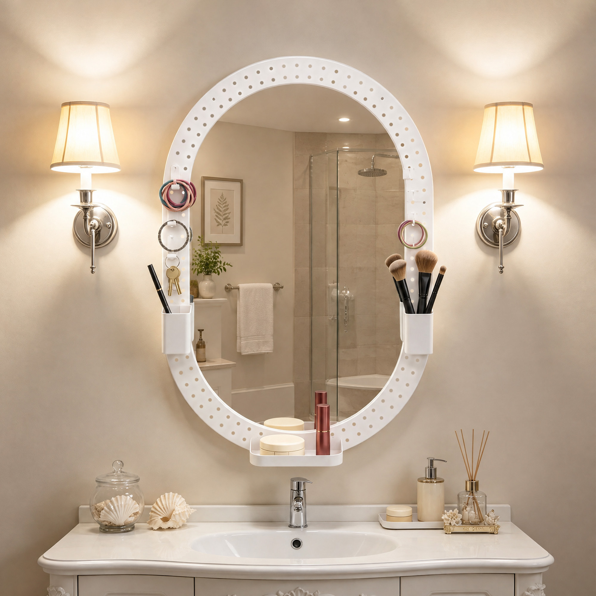 Espejo de Pared Ovalado 90x60 cm con Panel Perforado, Espejo Decorativo Pared para Salón, Dormitorio, Recibidor Entrada, Blanco
