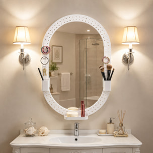 Espejo de Pared Ovalado 90x60 cm con Panel Perforado, Espejo Decorativo Pared para Salón, Dormitorio, Recibidor Entrada, Blanco