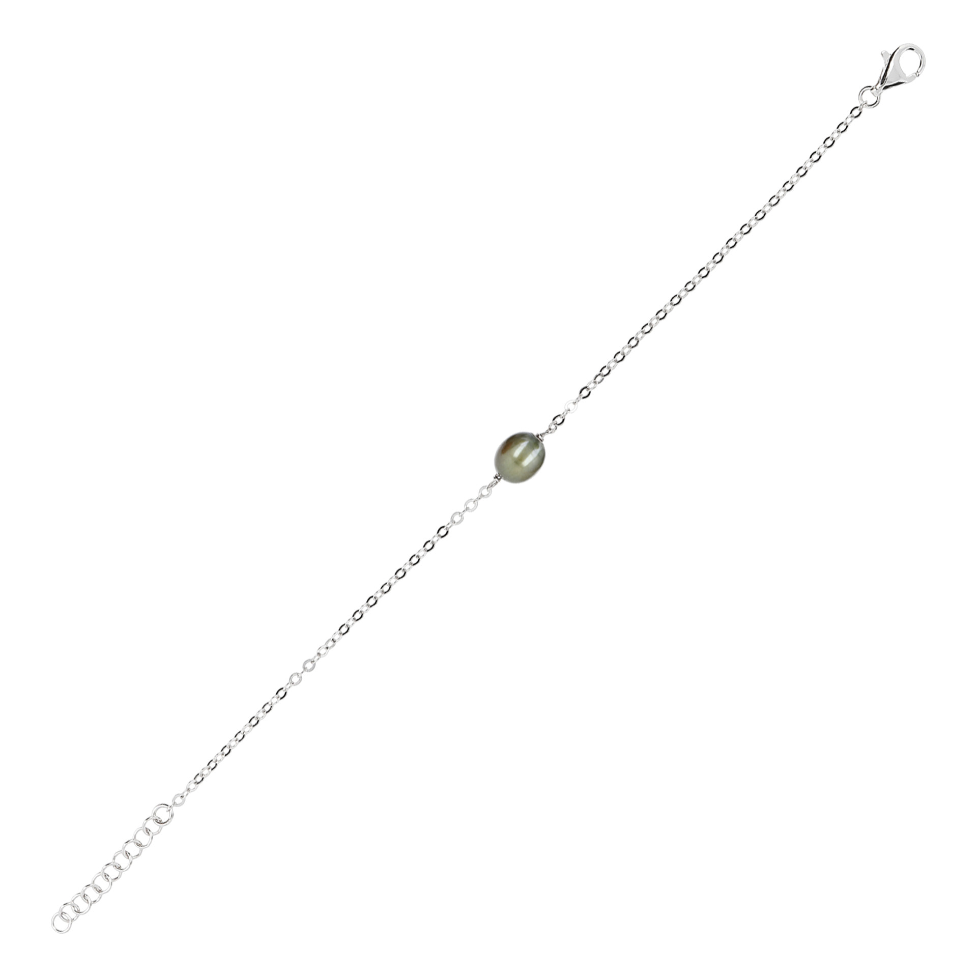 Bracciale Catena Rolo in Argento 925 con Perla d'Acqua Dolce Verde Ø 7/8 mm