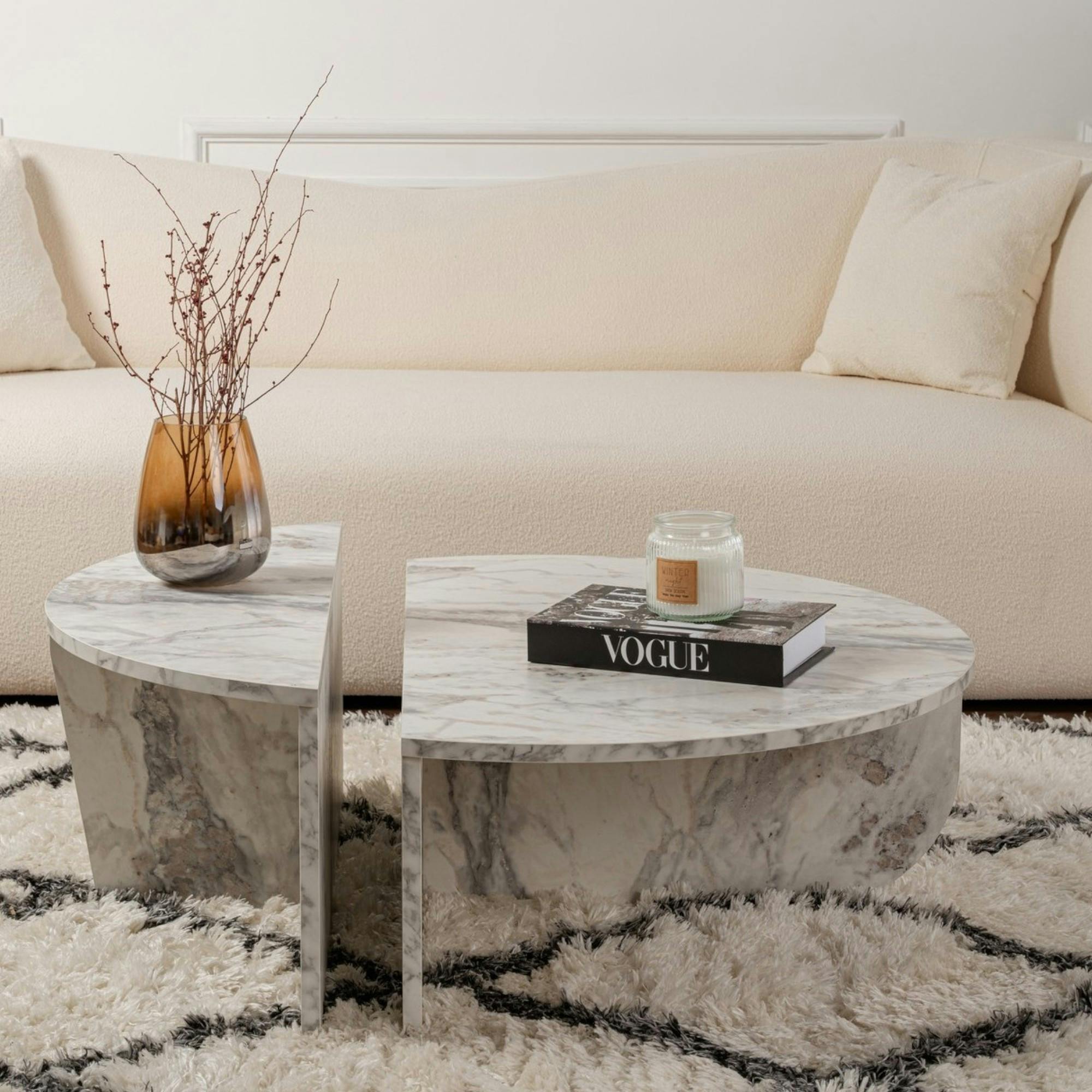 Table basse moderne effet marbre blanc - 2 hauteurs MARFA