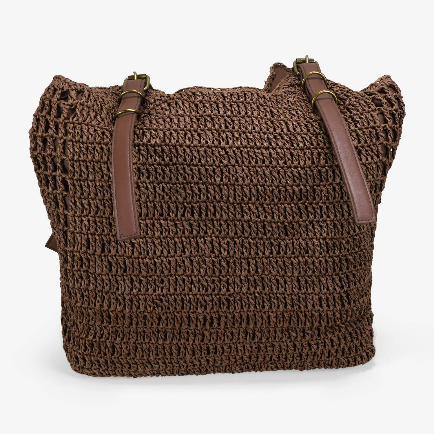 Bolso de hombro marrón en rafia con hebillas