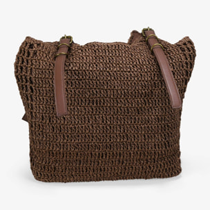Bolso de hombro marrón en rafia con hebillas