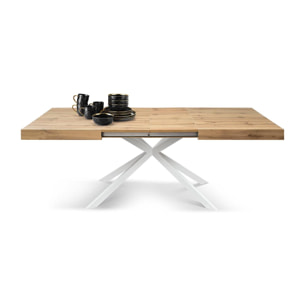 Tavolo CAMAIORE in legno, finitura rovere rustico e base a X in metallo bianco, allungabile 180×90 cm – 260×90 cm