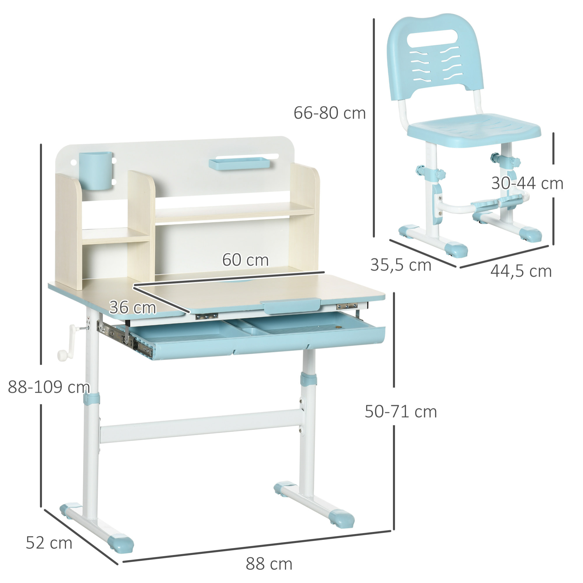 Juego de Escritorio y Silla para Niños de +3 Años con Altura Ajustable Pupitre Infantil con Tablero de Mesa Inclinable Cajón y Estantería para libros 80x52x88-109 cm y 35,5x44,5x66-80 cm Azul