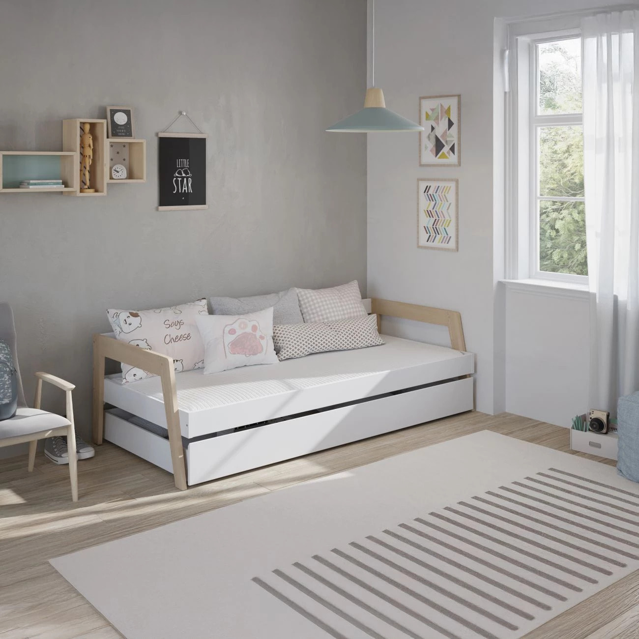 Cama doble juvenil Misty Haze Blanco - Oak Soft