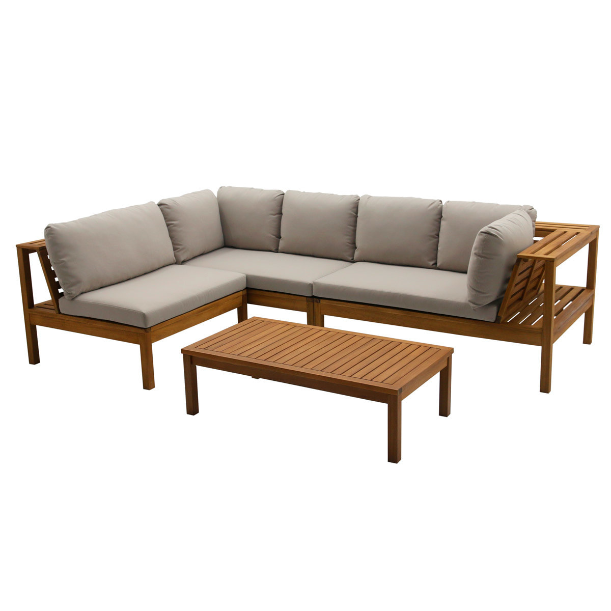 Salon de jardin d'angle 6 places en bois massif avec coussins déhoussables taupe BELIZE