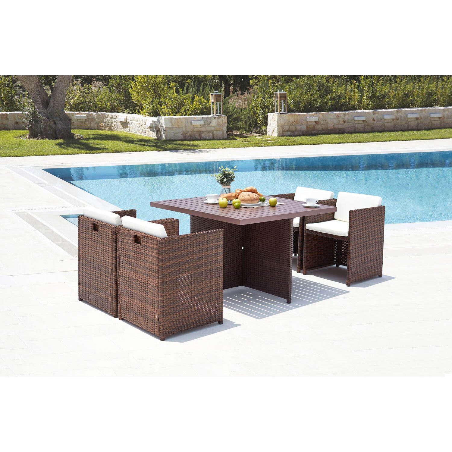 Table et chaise 4 places encastrables alu résine marron-blanc ABASA