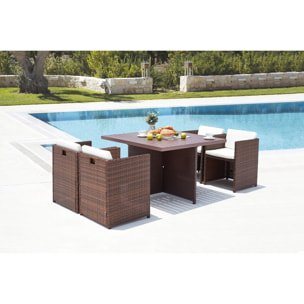 Table et chaise 4 places encastrables alu résine marron-blanc ABASA