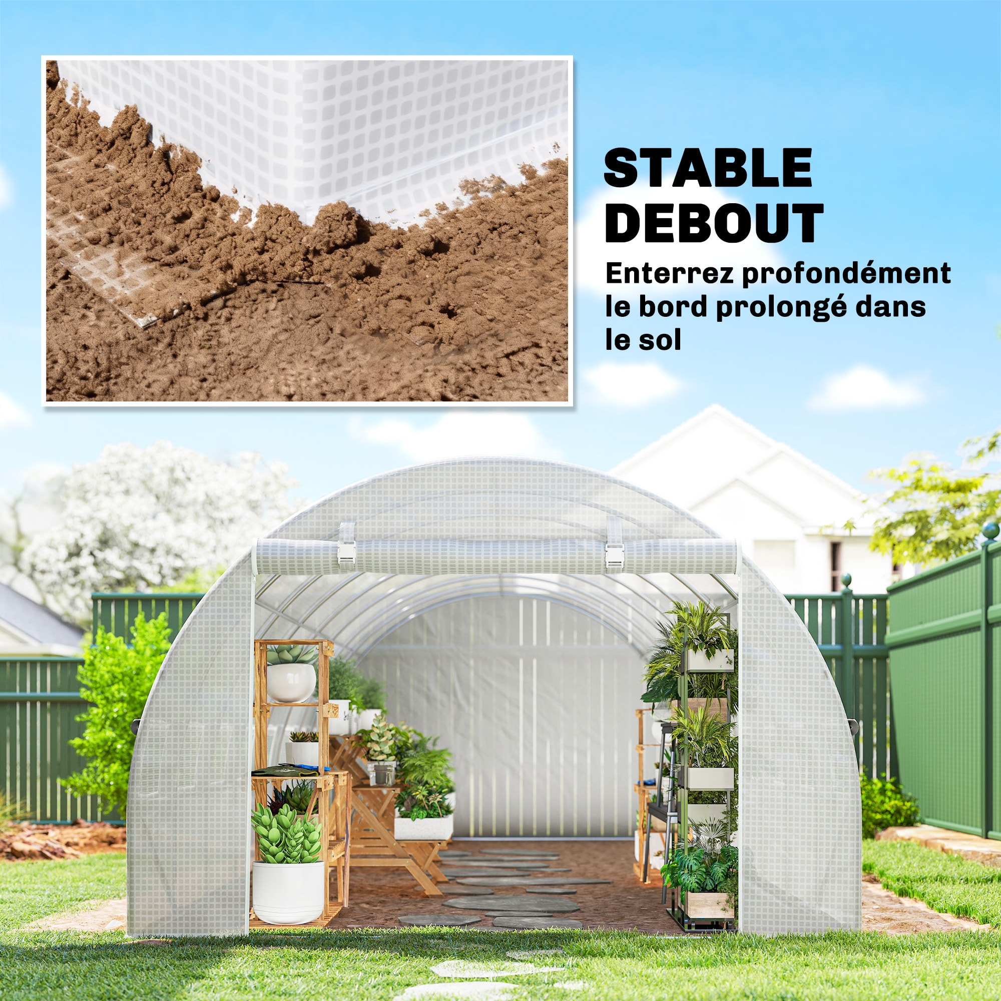 Serre tunnel 24m² dim. 8L x 3l x 2H m - 16 fenêtres, porte zippée - acier galvanisé PE haute densité blanc