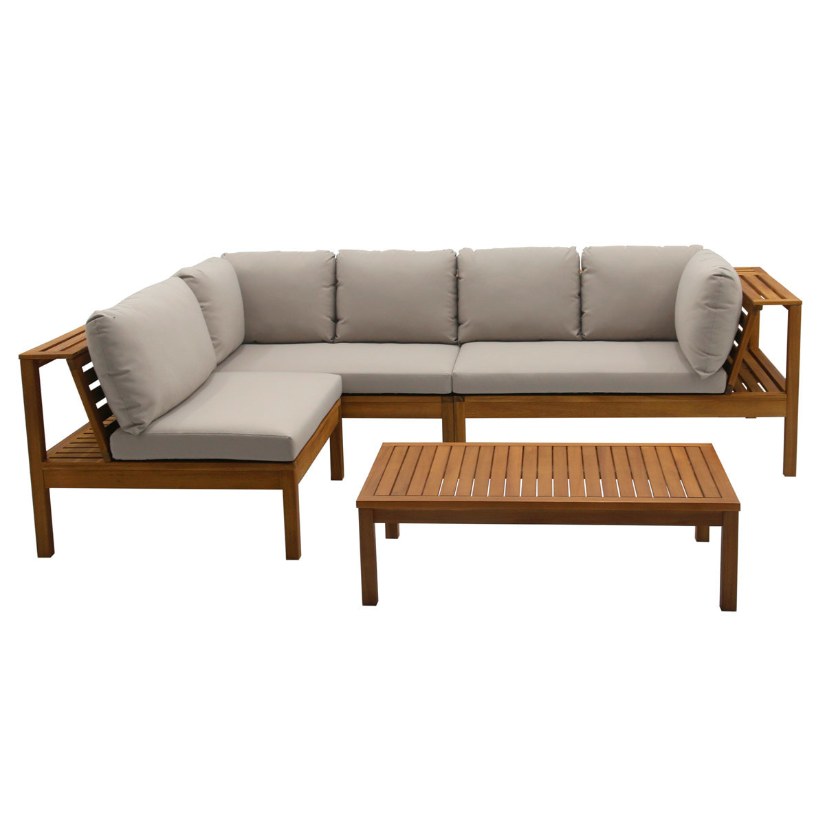 Salon de jardin d'angle 6 places en bois massif avec coussins déhoussables taupe BELIZE