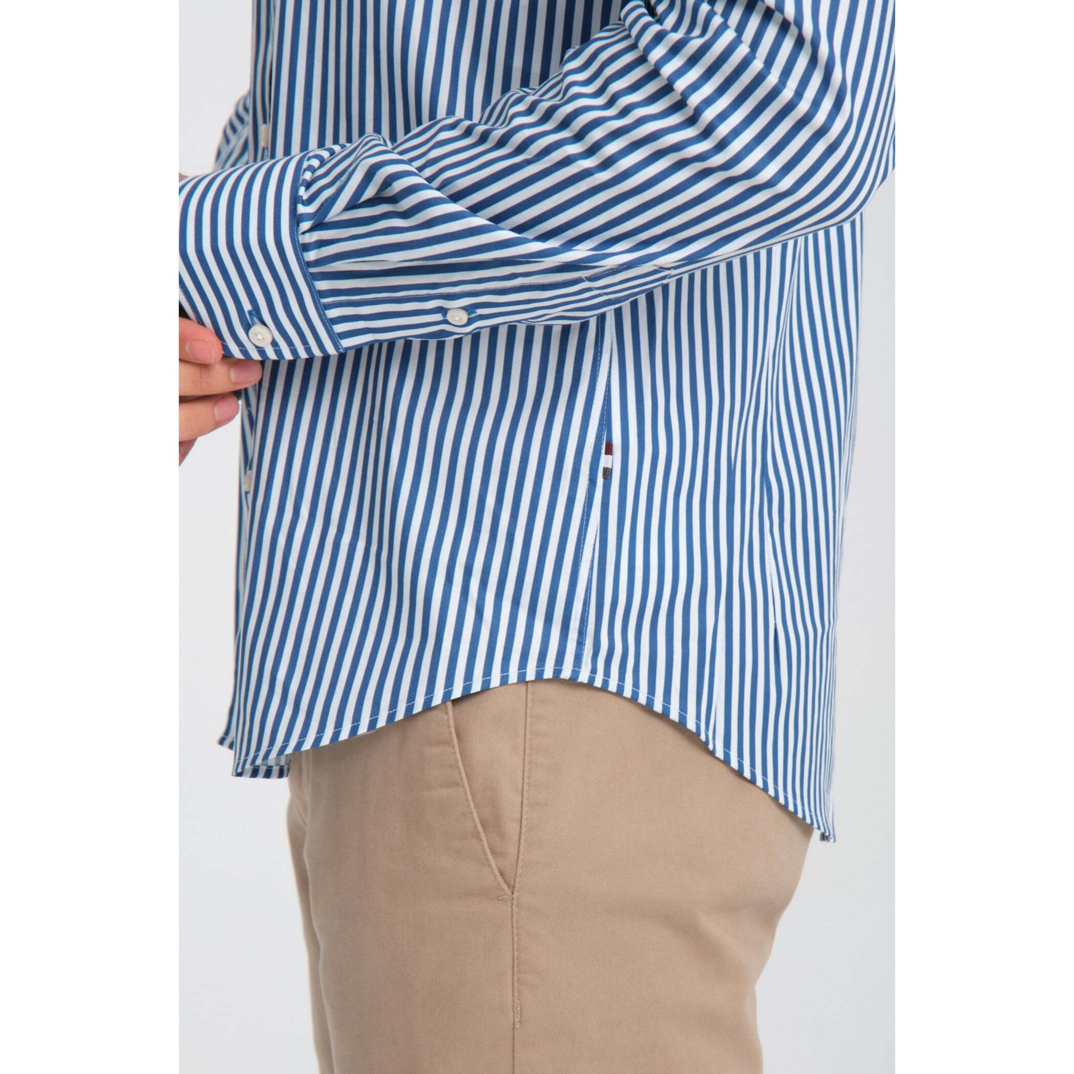 camicia uomo 1 bottone button down slim Popeline Stretch Riga Media Bianco Blu Avion