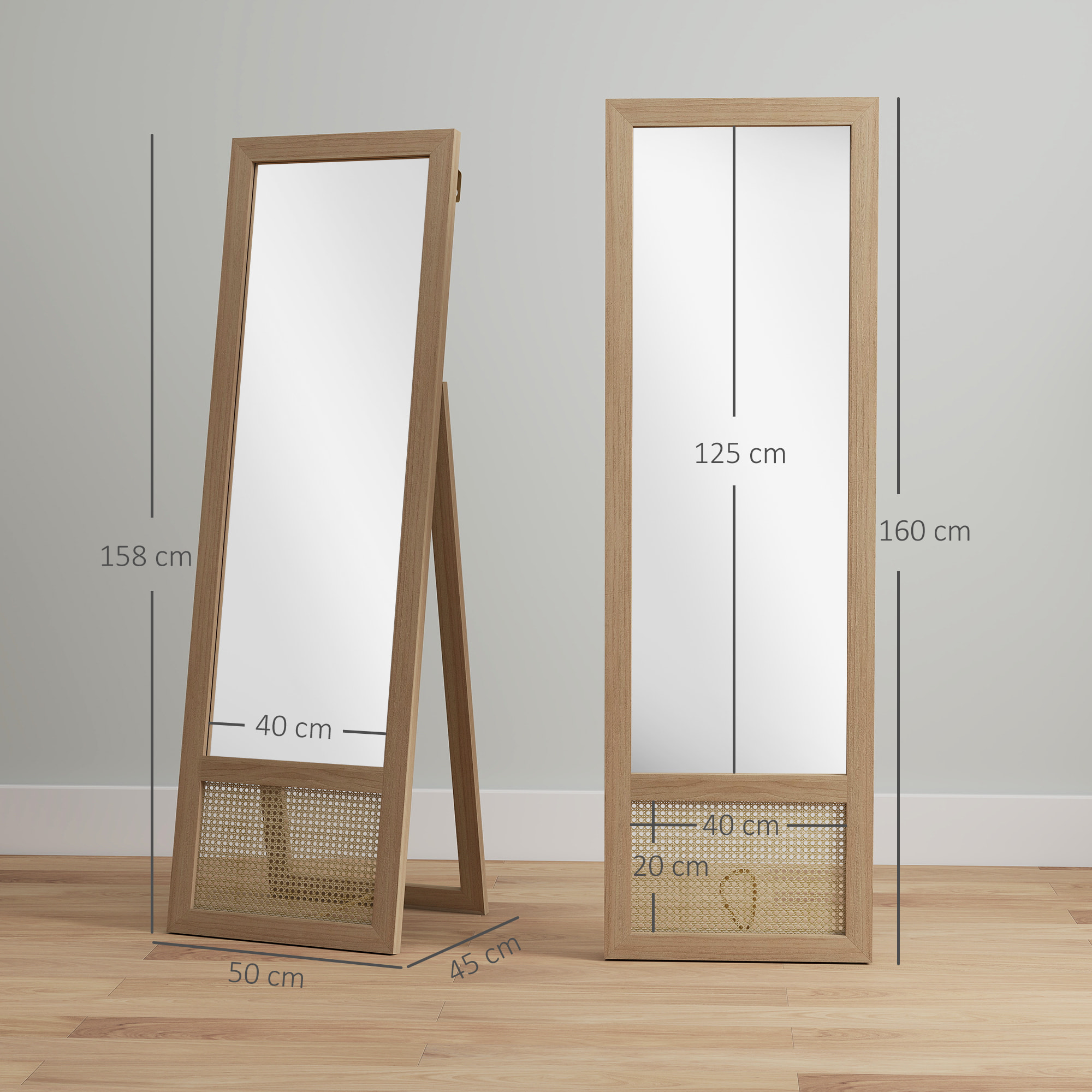 Espejo de Cuerpo Entero 160x50 cm Espejo de Pie o de Pared con Marco de Madera y Soporte para Salón Dormitorio Natural