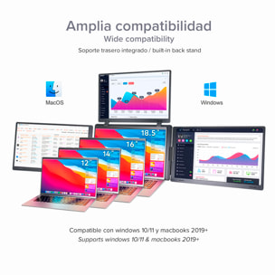Monitor portátil triple S888 Pro de 15.6” con triple pantalla IPS 1920x1080 16:9. Compatible con laptops Windows y MacOS. Incluye bolsa de transporte.