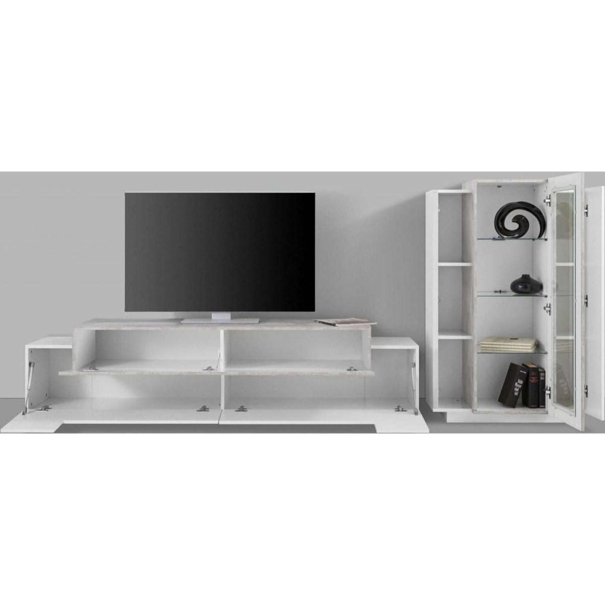 Parete attrezzata da soggiorno modulare, Made in Italy, con luce LED bianca, Base porta TV e vetrina, Set salotto moderno, cm 290x45h121, colore Bianco lucido e Cemento