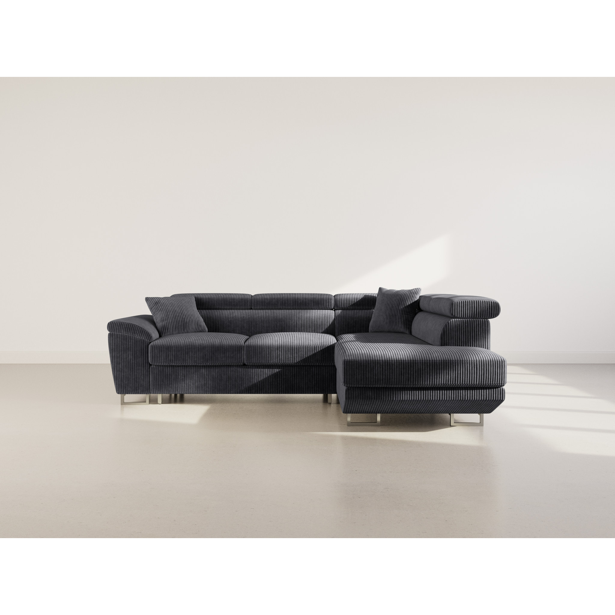 Baoji - Canapé d'angle droit 5 places convertible avec têtières et coffre en velours côtelé - Gris