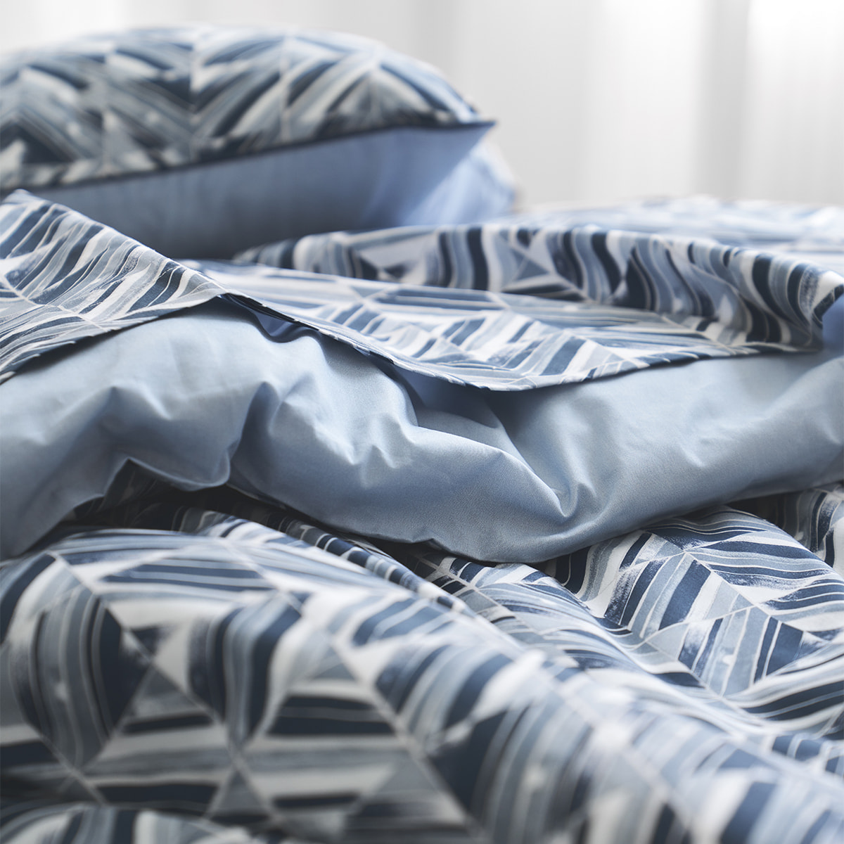 Drap plat imprimé en percale de coton, REFLETS, Bleu
