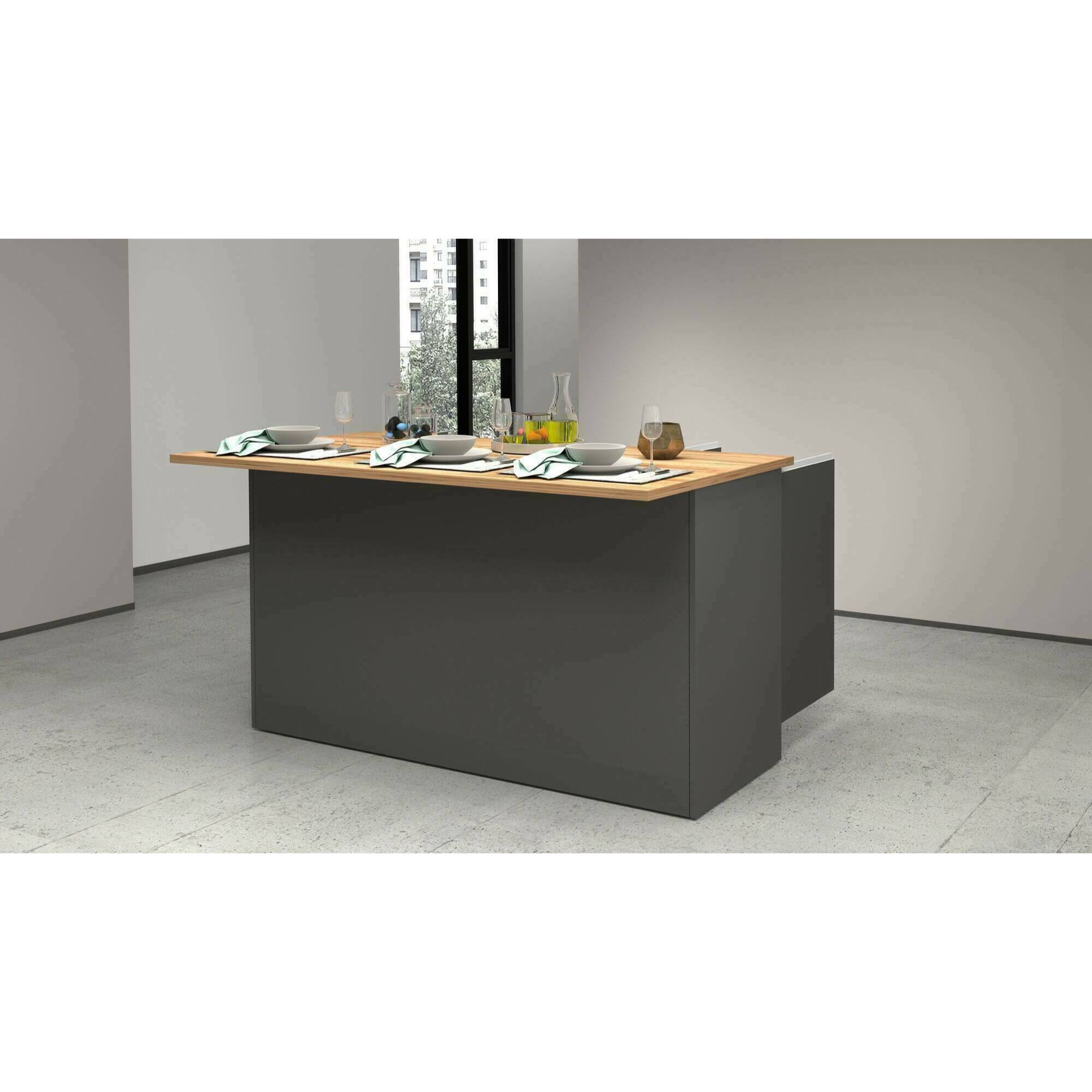 Isola da cucina Dcarnelo, Tavolo ausiliario portaoggetti, Mobile da cucina a 3 ante, 100% Made in Italy, 155x90h90 cm, Antracite e Rovere