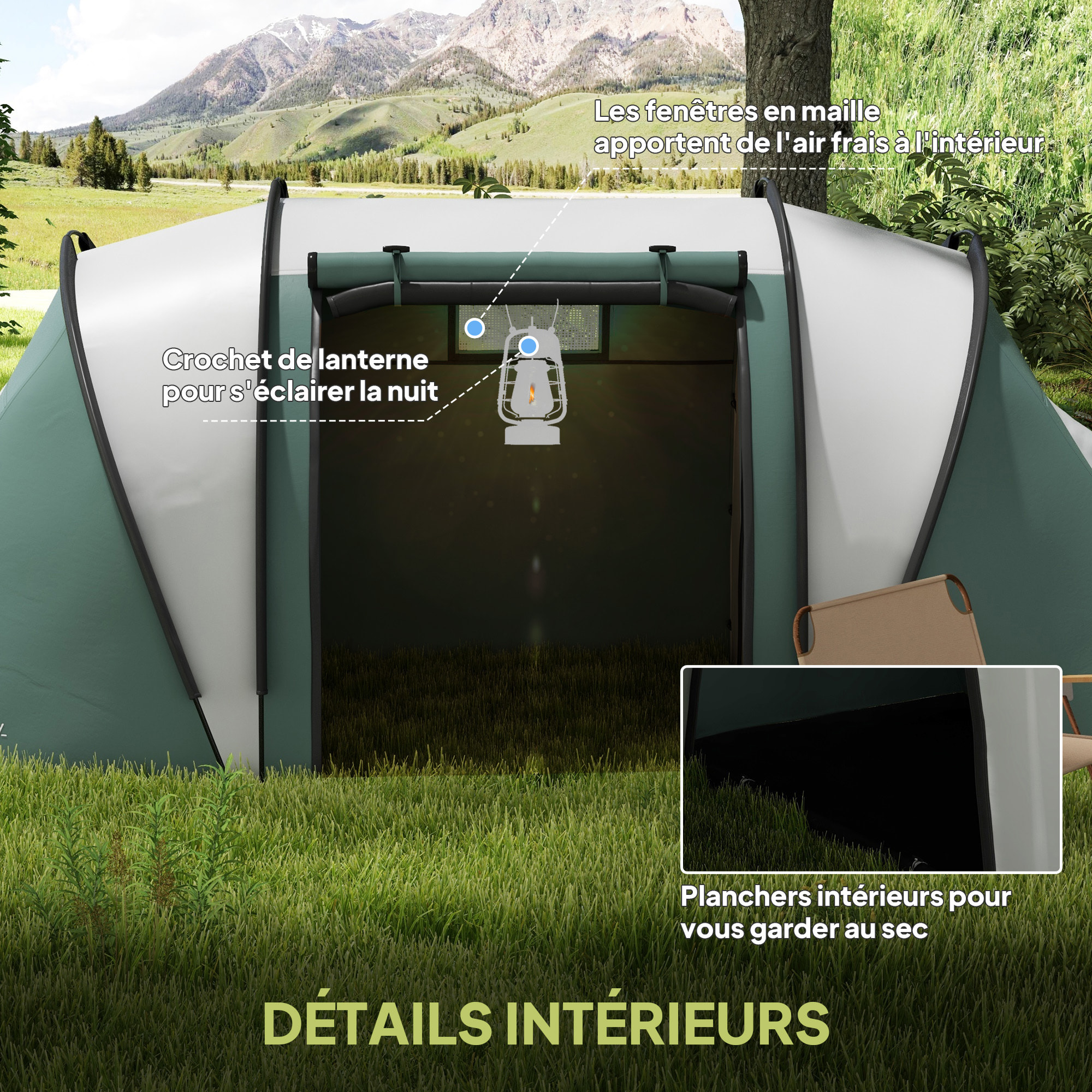Tente de camping familiale 4-5 pers. 2 chambres 3 fenêtres sac vert