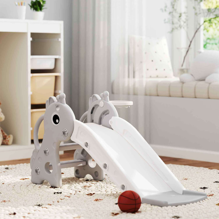 Toboggan enfant design girafon - panier de basket-ball intégré - ballon, pompe inclus - plastique gris blanc