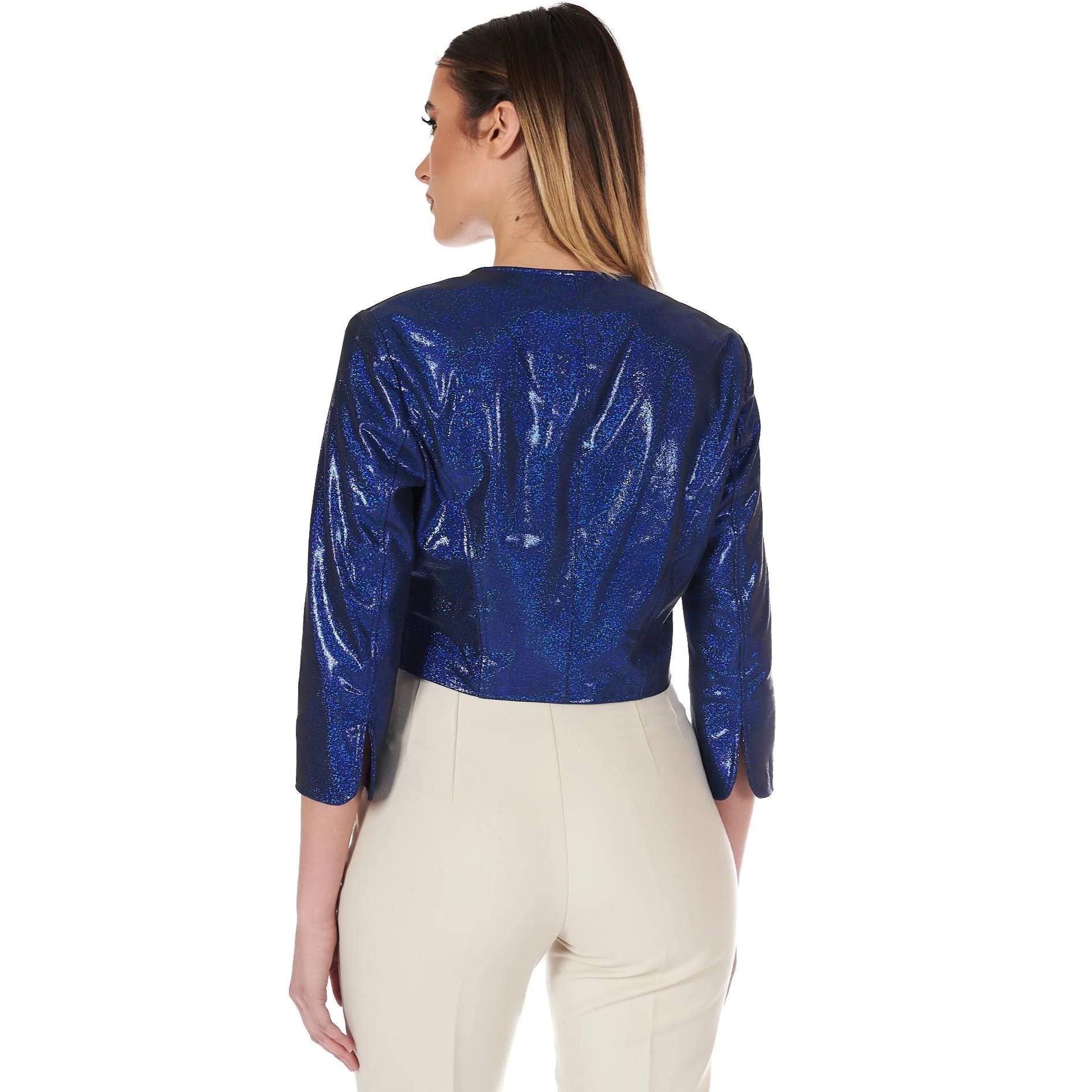 Giacca corta bolero in pelle laminata blu girocollo