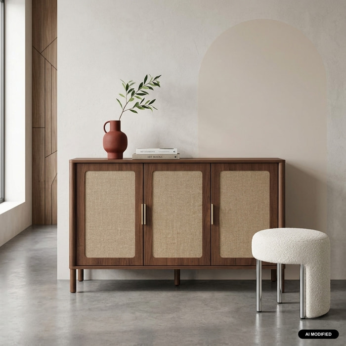 Buffet vintage décor bois et cannage 3 portes 120cm ETTA
