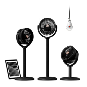 Ventilador para exteriores F32. Con 5 velocidades y 4 alturas. Batería de larga duración con función powerbank. Incluye panel solar y lámpara LED.
