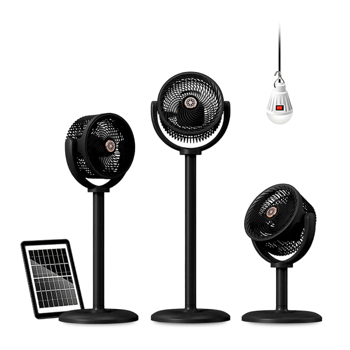 Ventilador para exteriores F32. Con 5 velocidades y 4 alturas. Batería de larga duración con función powerbank. Incluye panel solar y lámpara LED.