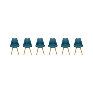 Lot de 6 chaises scandinaves. pieds bois de hêtre. chaises 1 place. bleu canard