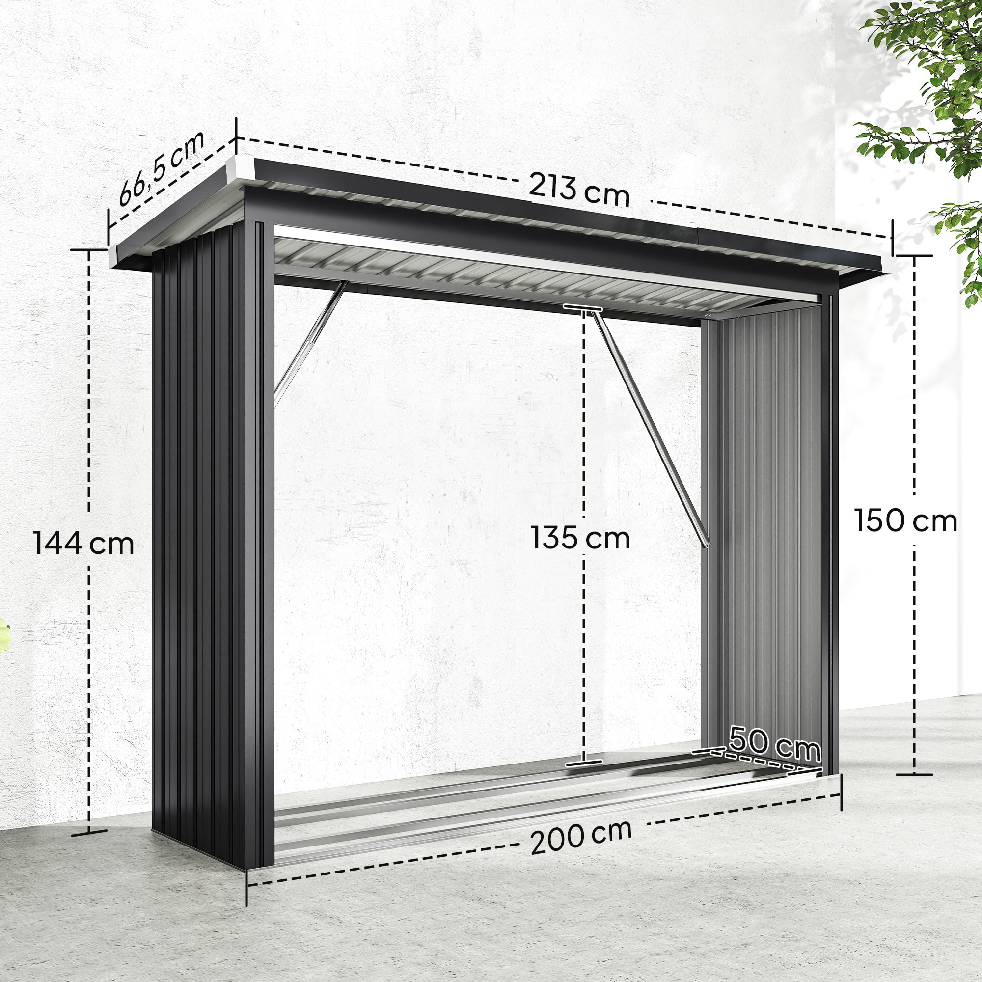 Casetilla para Leña de Acero Galvanizado, Cobertizo Leñero Exterior de Almacenamiento de Troncos, con Base Elevada y Techo Inclinado, 213x66,5x150 cm, Gris Oscuro