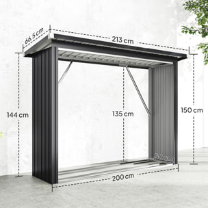 Casetilla para Leña de Acero Galvanizado, Cobertizo Leñero Exterior de Almacenamiento de Troncos, con Base Elevada y Techo Inclinado, 213x66,5x150 cm, Gris Oscuro