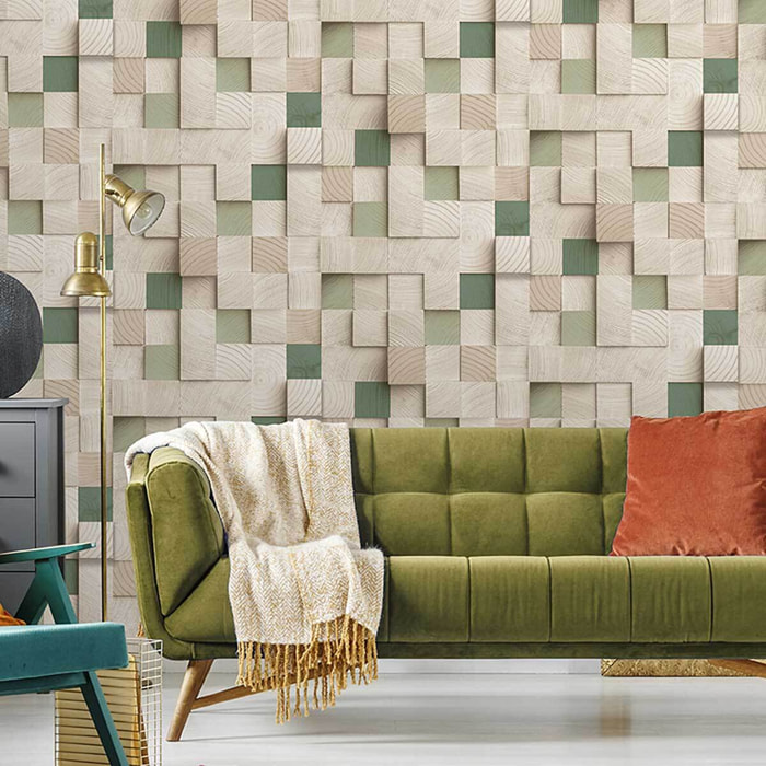 Papier peint cubes bois verts style naturel