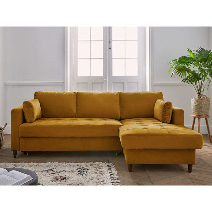 Anna - canapé d'angle droit - 4 places - convertible avec coffre - en velours - Jaune