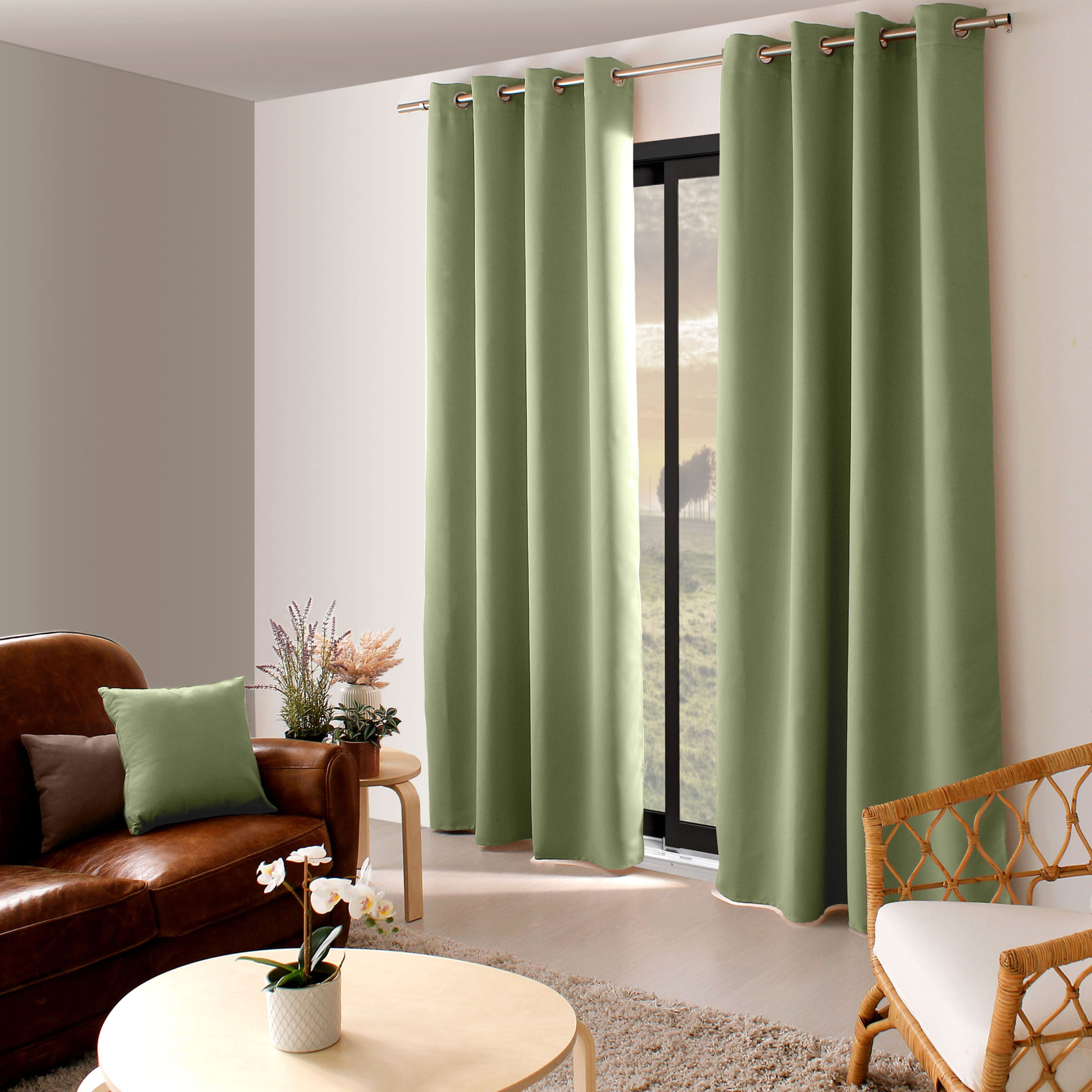 Rideau occultant fil noir avec 8 œillets - Vert Olive