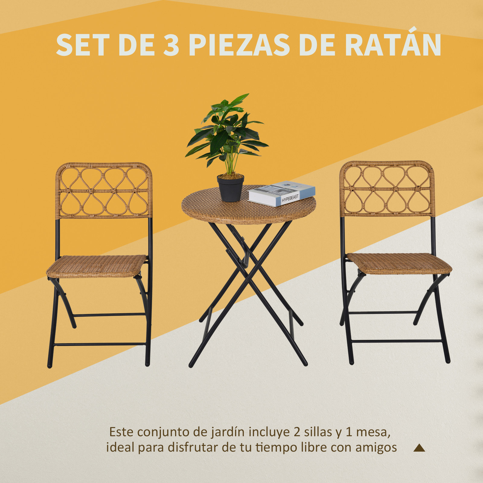 Conjunto de Mesa y 2 Sillas Plegables Ratán para Jardín Exterior Acero Φ60x71 cm