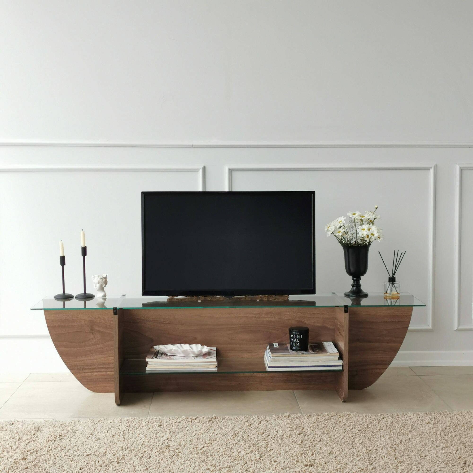 Mobile porta TV Kasuga, Credenza da soggiorno, Armadio basso per TV, Base parete attrezzata, 158x35h40 cm, Noce