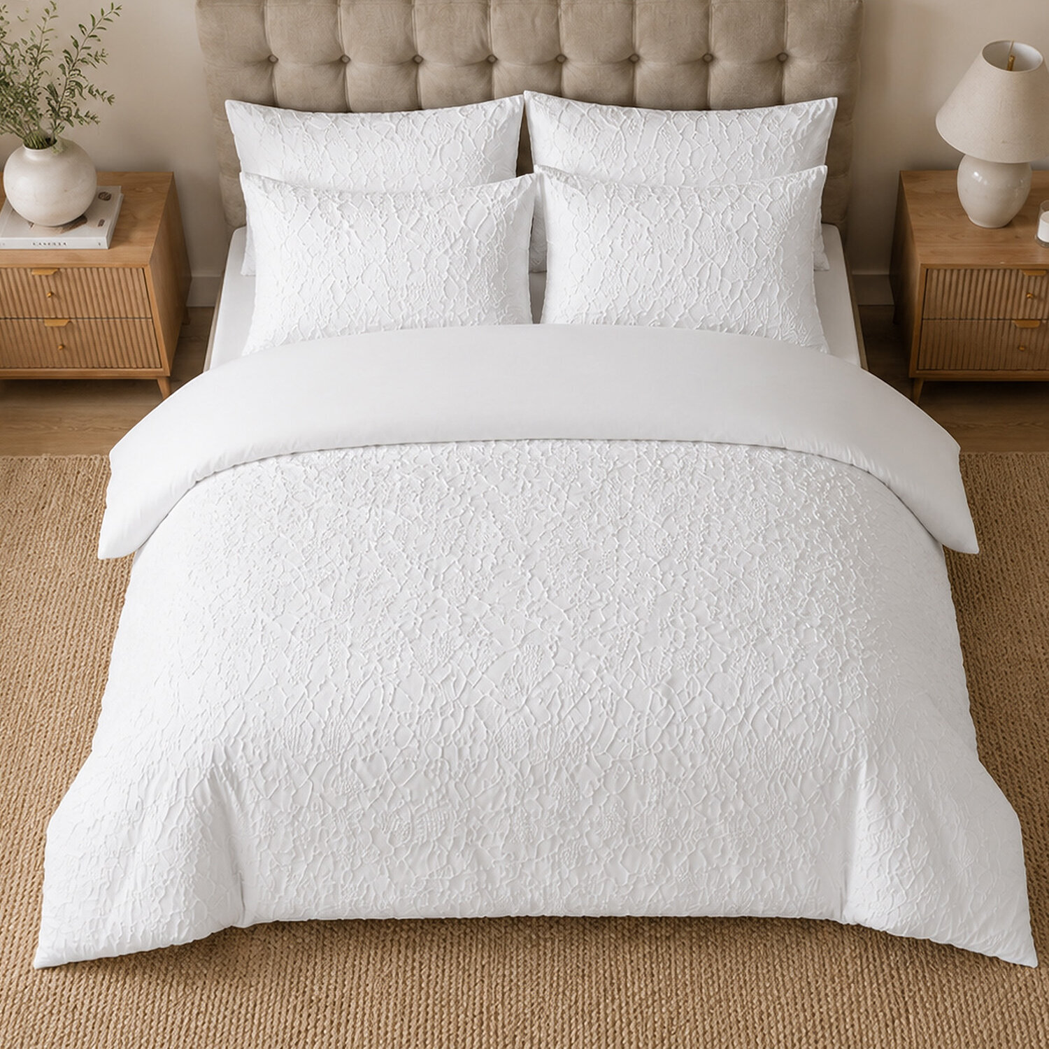 Parure housse de couette 100% microfibre jacquard organique végétal blanc - FOLIA