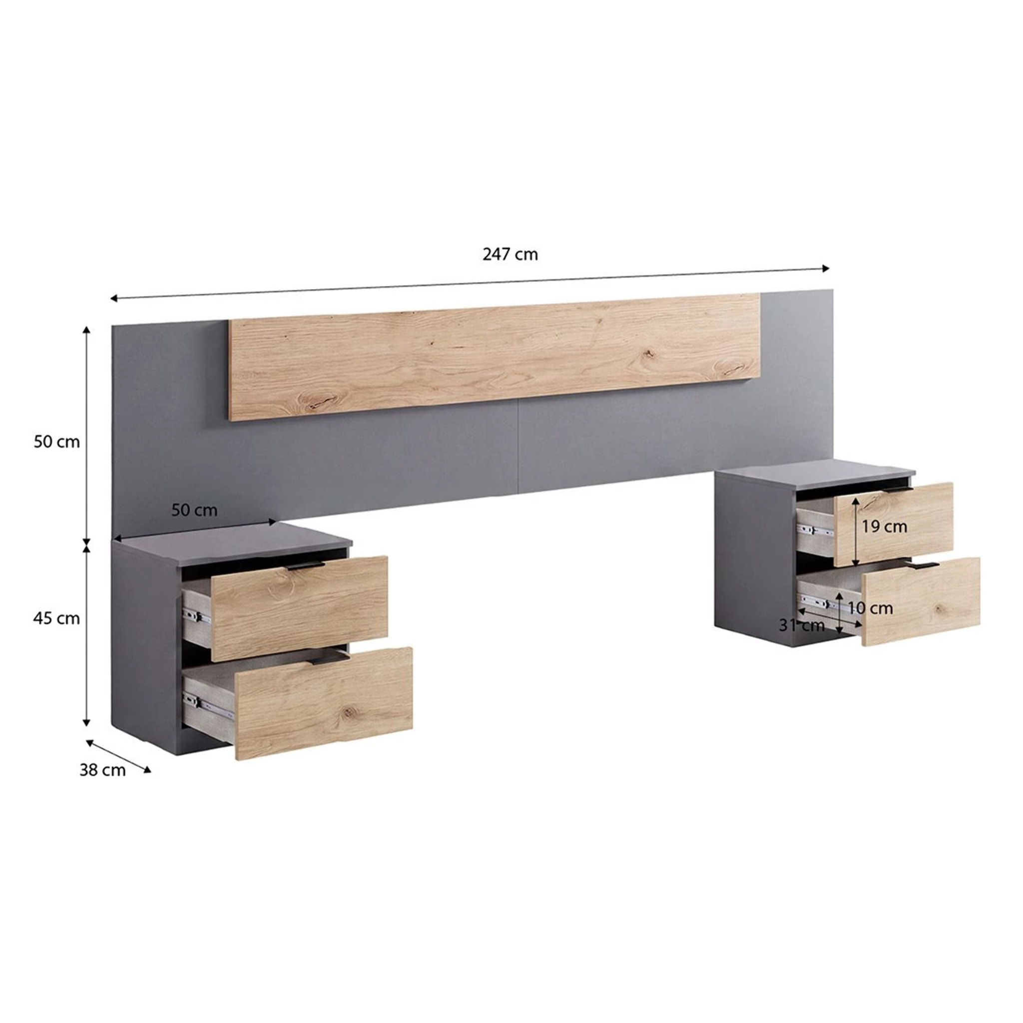 Cabecero para cama de 135-150 cm y 2 mesitas con cajones en gris grafito y apline oak Akari Gris Grafito - Alpine Oak