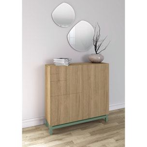 Zapatero Copenhague melamina roble dorado patas verde 90x90x27 cm