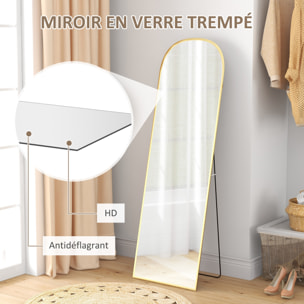 Miroir sur pied - miroir mural rectangulaire arrondi - dim. 50L x 161,5H cm - alu. doré