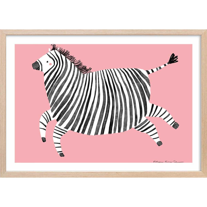 Affiche enfant zèbre rose  Affiche + cadre en bois - Chêne