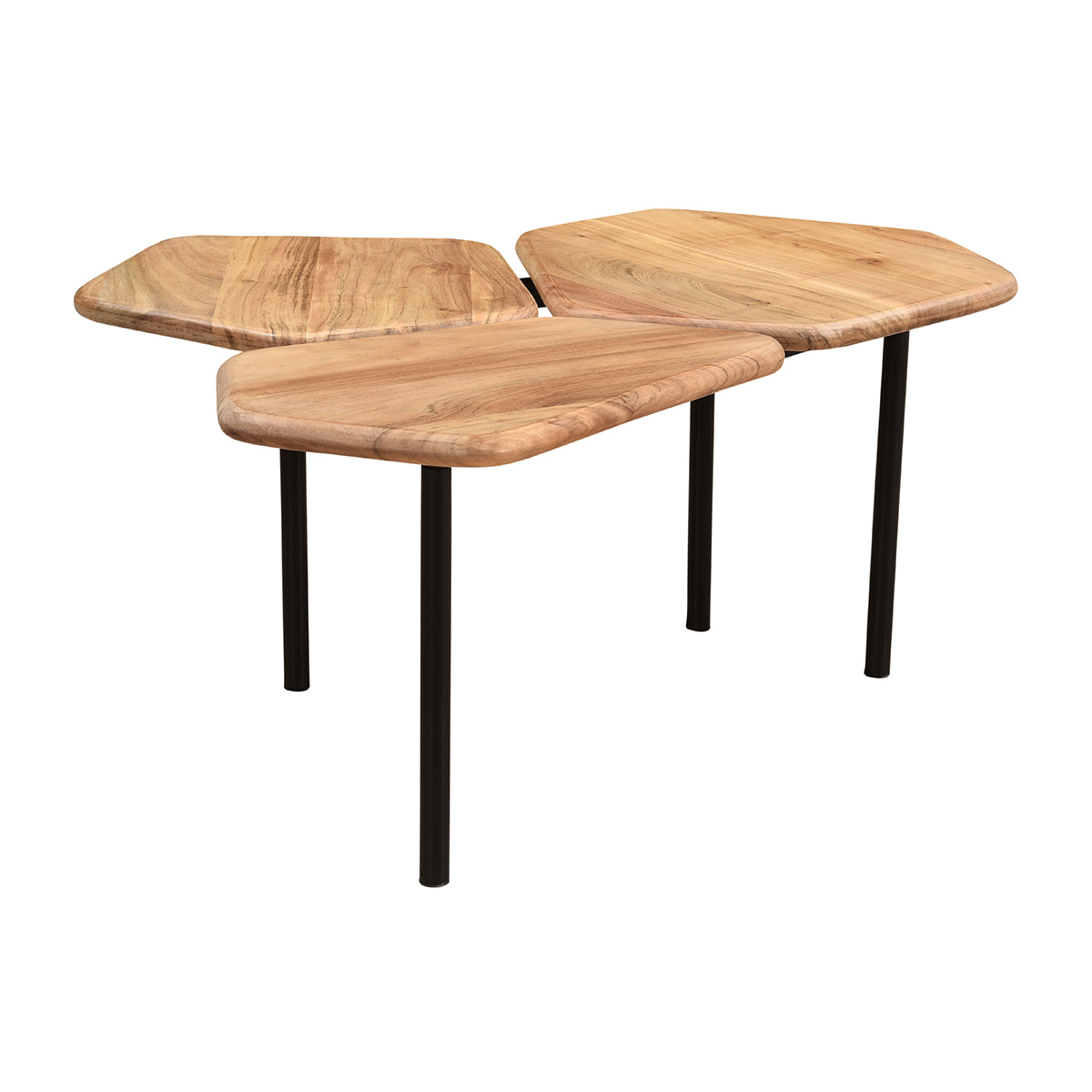 Table basse 3 plateaux bois massif et métal noir L95 cm SUZANE