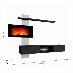 Parete Attrezzata Soggiorno Mobile Tv Biocamino Led Mensola Design Living Arredo Casa Contenitore Vetro Push Click 250 x 170 x 40 Cm Nero E Grigio
