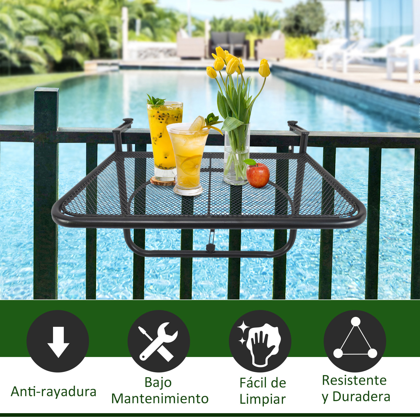 Mesa Colgante de Balcón con Brazo Regulable y Altura Ajustable en 3 Posiciones Marco Metálico Carga Máx. 30 kg 60x56x50 cm Negro
