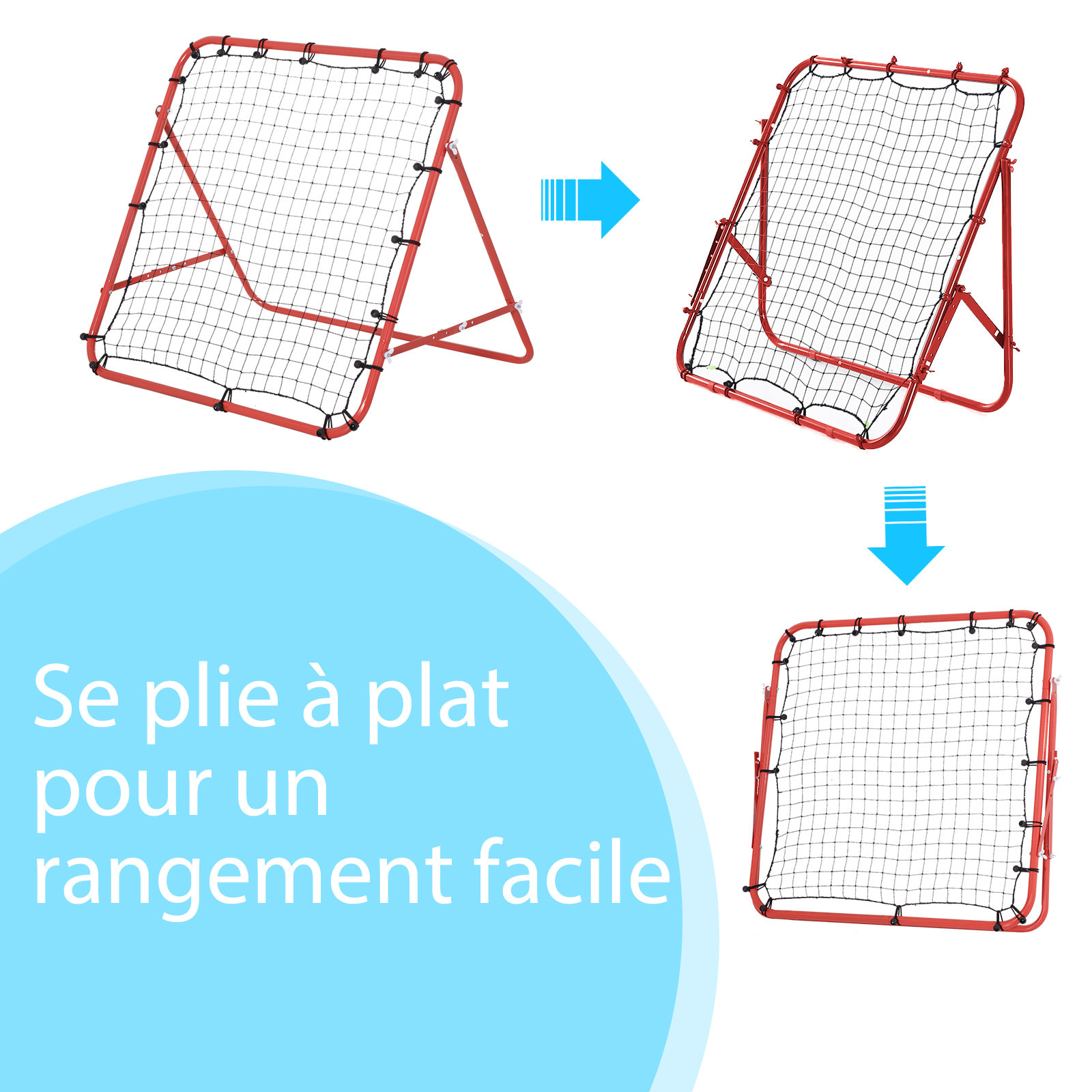 Filet de rebond pliable inclinaison réglable - piquets d'ancrage inclus - filet PE noir métal époxy rouge