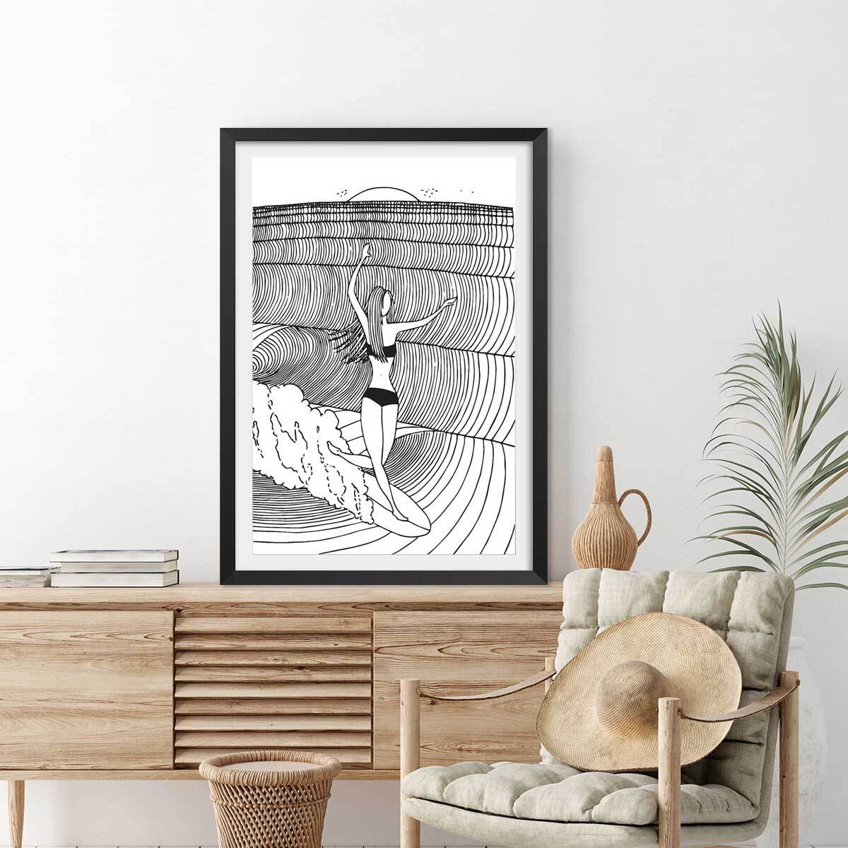 Poster surfeuse nose-riding Affiche + cadre en bois - Noir