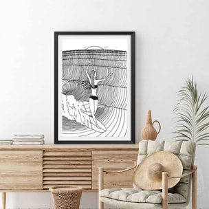 Poster surfeuse nose-riding Affiche + cadre en bois - Noir