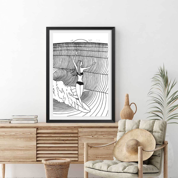 Poster surfeuse nose-riding Affiche + cadre en bois - Noir