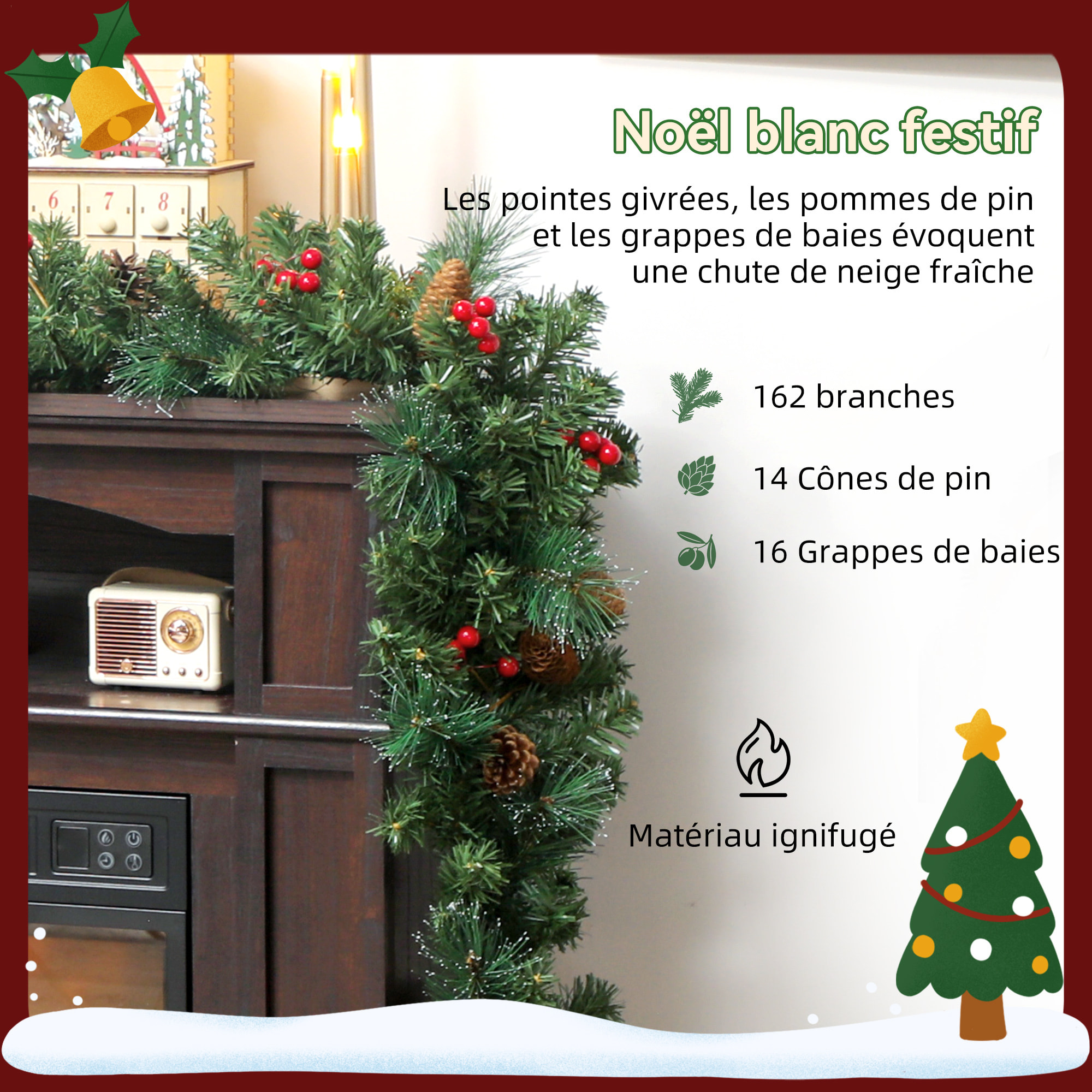 Guirlande de Noël artificielle 180 cm 162 branches denses 2 variétés - pommes de pin, baies rouges - vert